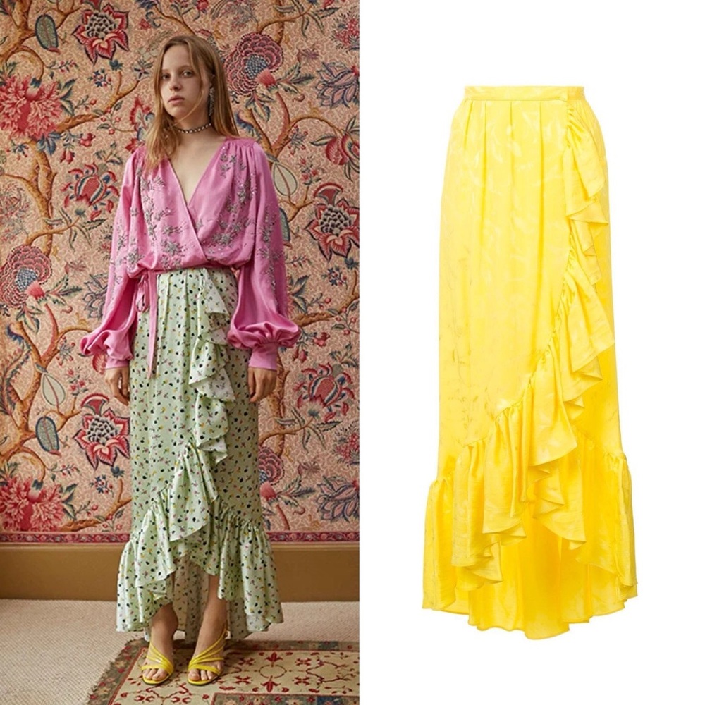 ATTICO Silk Asymmetric Jacquard Ruffle Skirt in Yellow